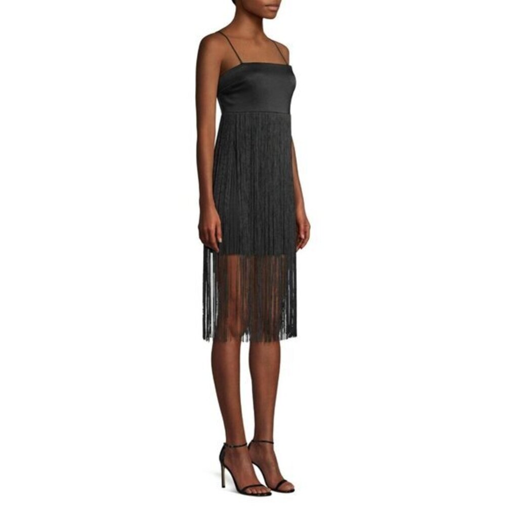 Ramy Brook Rikki Black Fringe Trim Mini Cocktail Dress Straps 4 NWT